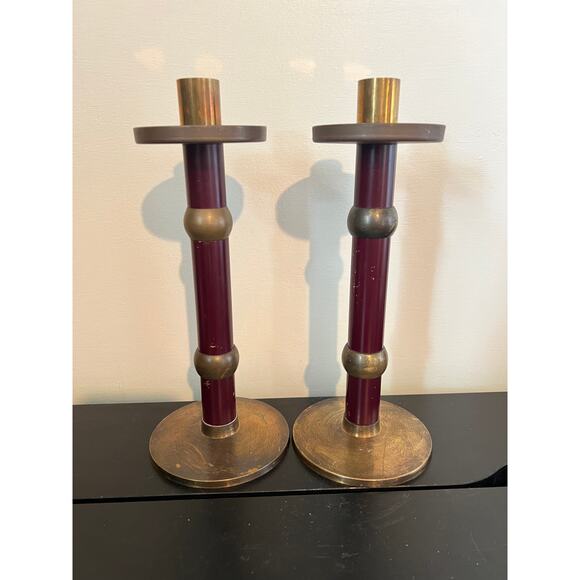 S/2 Vintage 1995 Brass and Wood Candlesticks - Picture 2 of 5